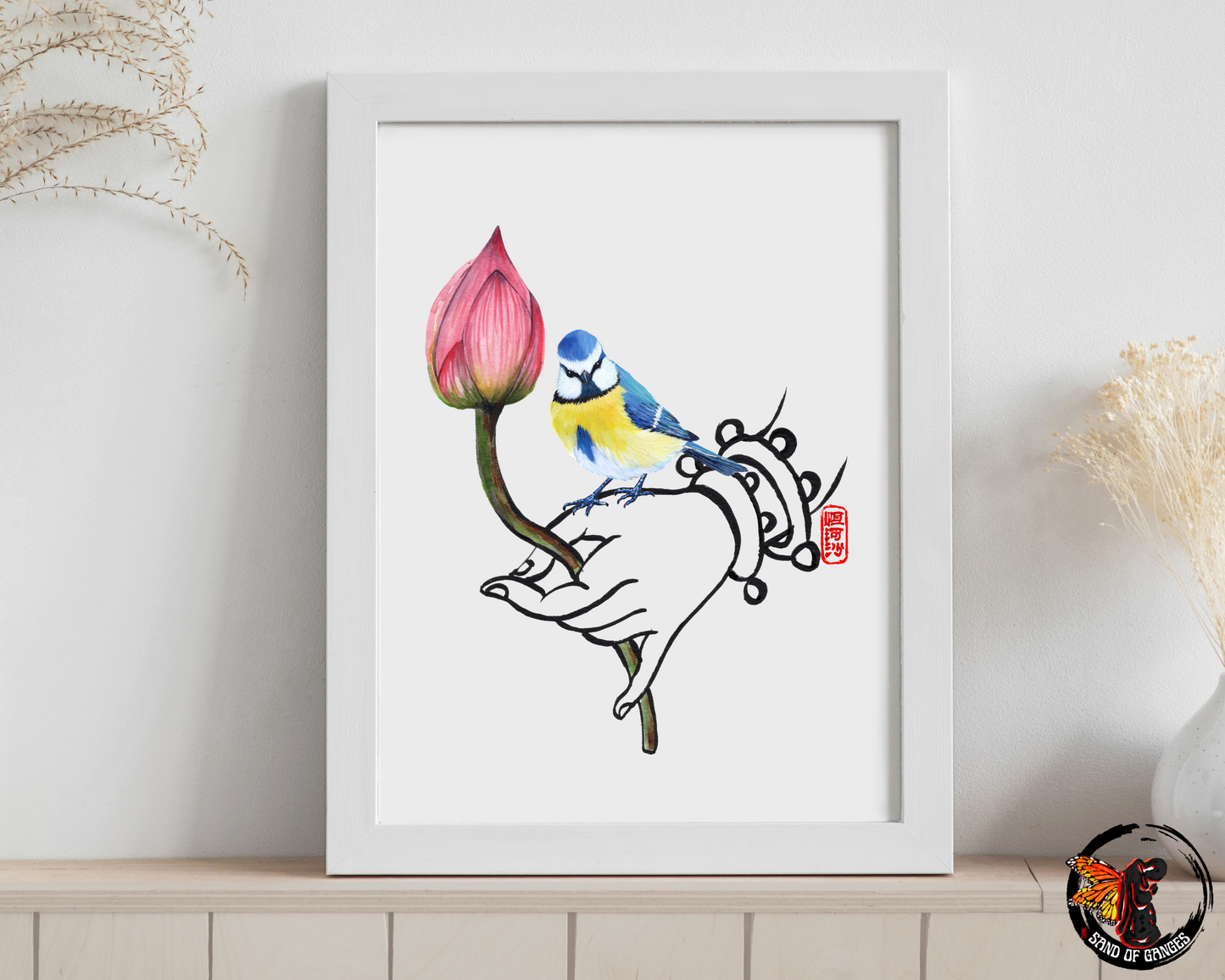 Buddha Hand With Lotus Flower and Eurasian Blue Tit Print