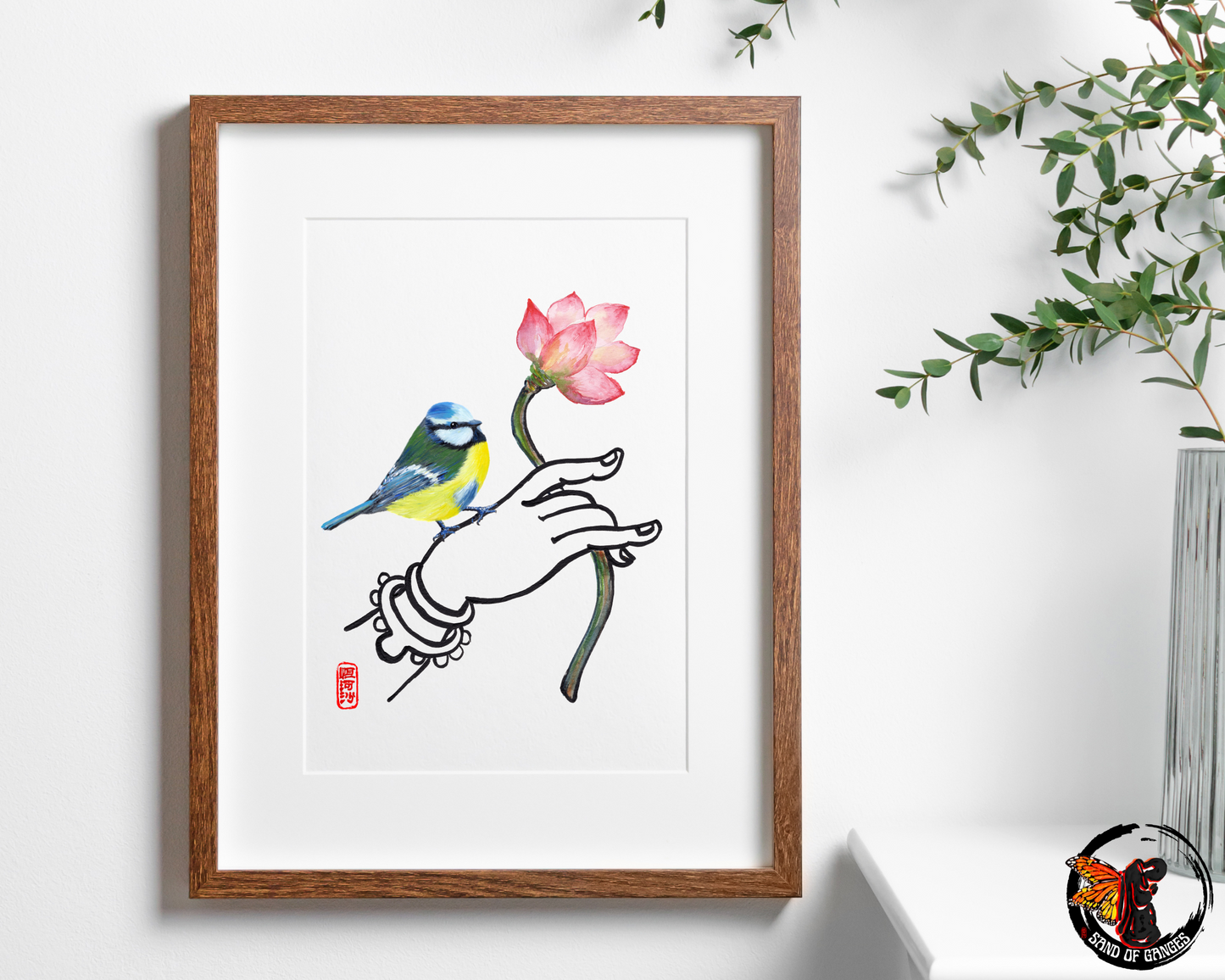 Buddha Hand With Lotus Flower and Eurasian Blue Tit Print