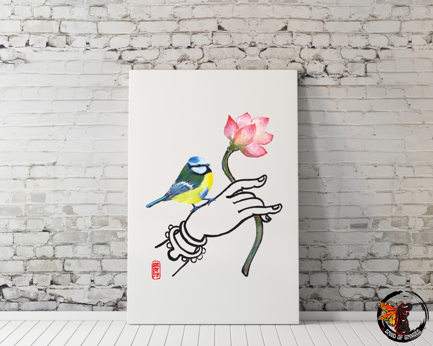 Buddha Hand With Lotus Flower and Eurasian Blue Tit Print