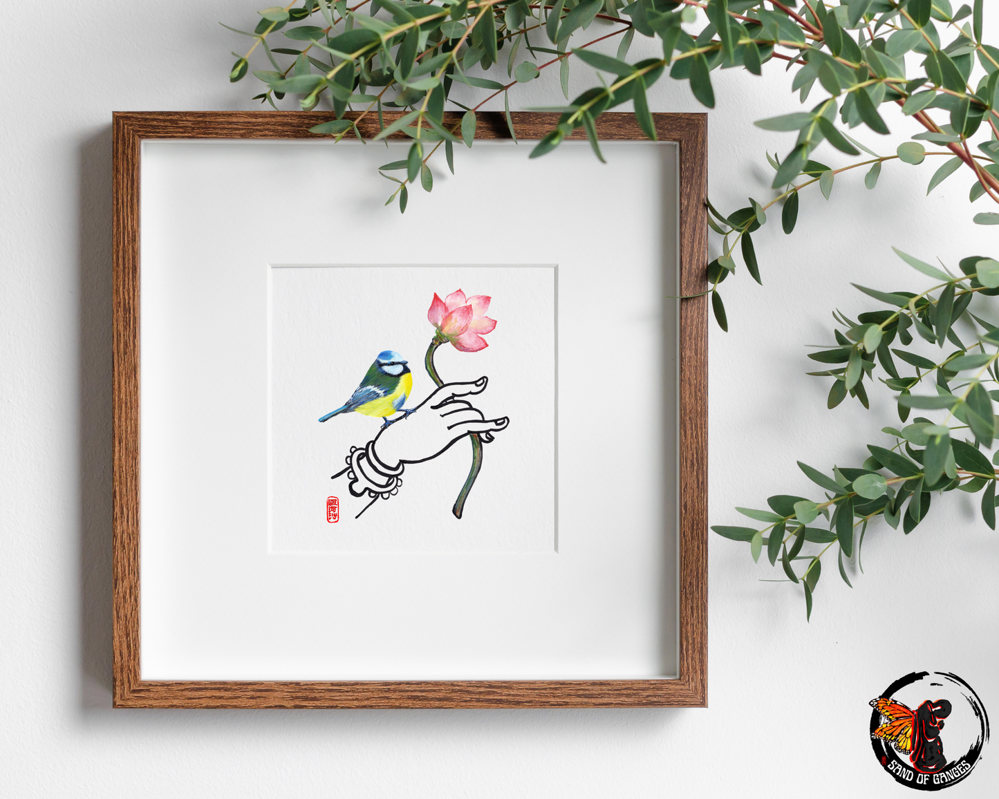 Buddha Hand With Lotus Flower and Eurasian Blue Tit Print