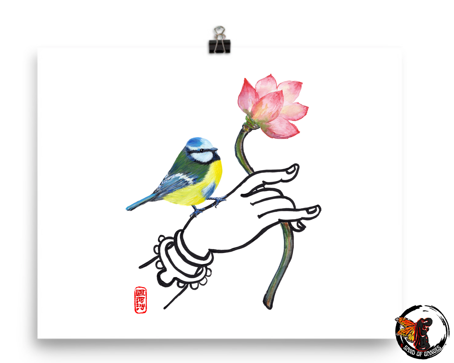 Buddha Hand With Lotus Flower and Eurasian Blue Tit Print