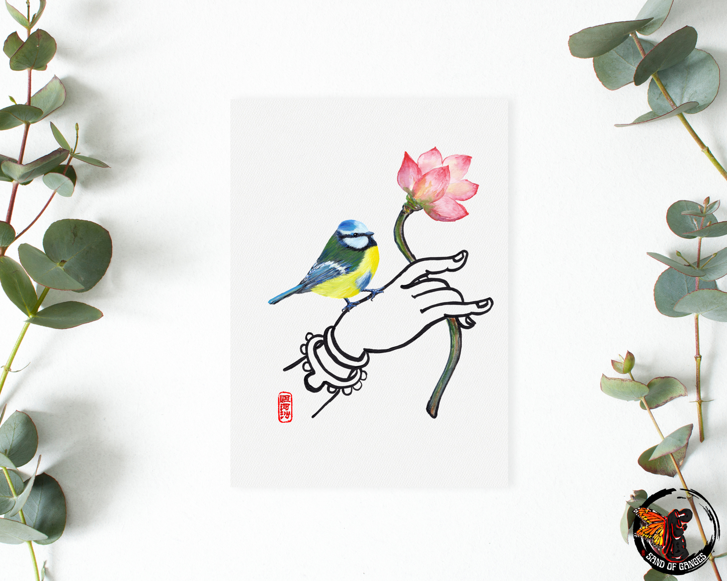 Buddha Hand With Lotus Flower and Eurasian Blue Tit Print