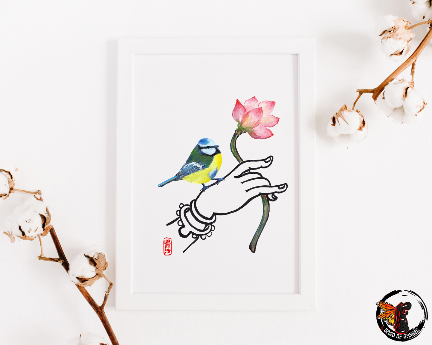 Buddha Hand With Lotus Flower and Eurasian Blue Tit Print