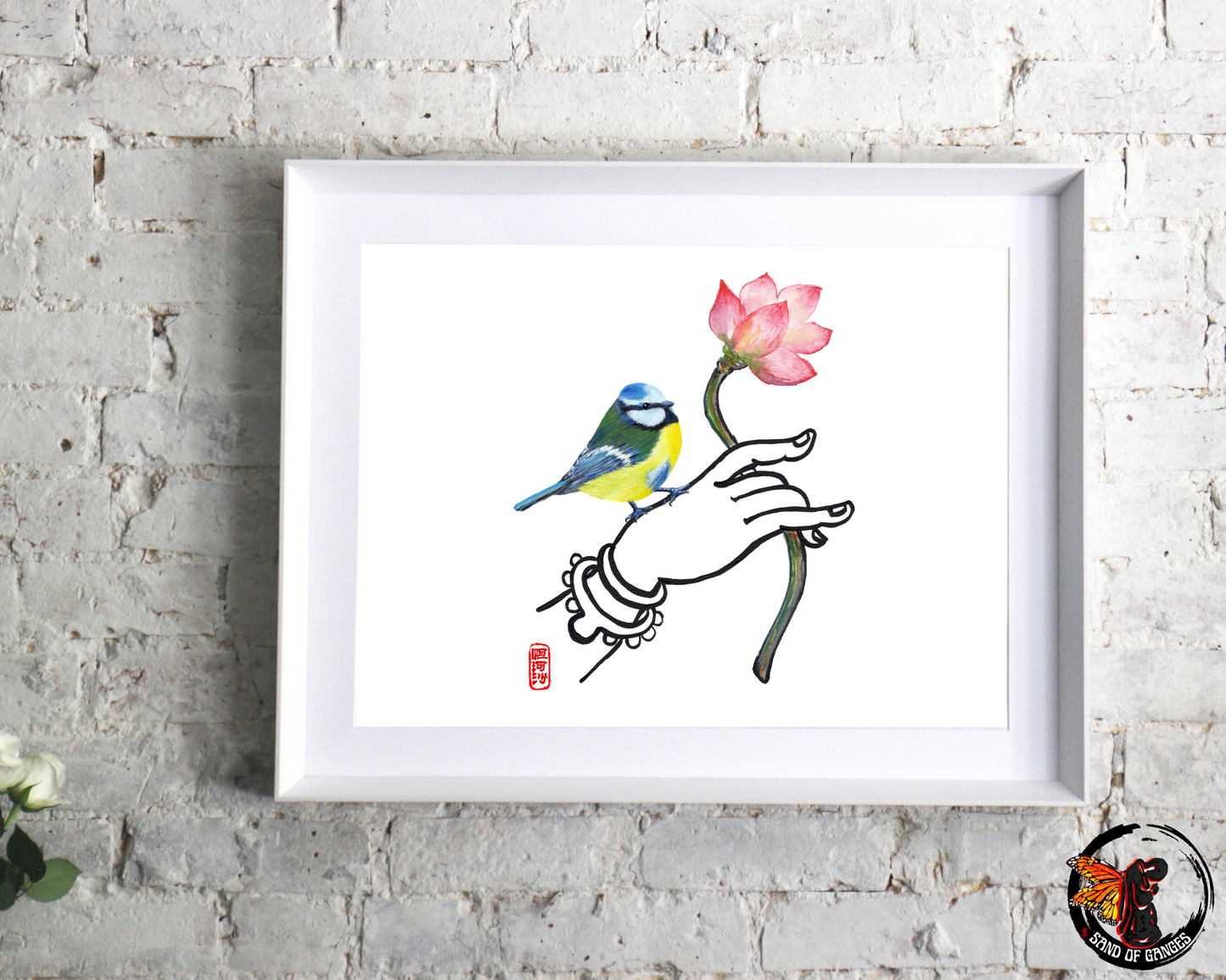 Buddha Hand With Lotus Flower and Eurasian Blue Tit Print