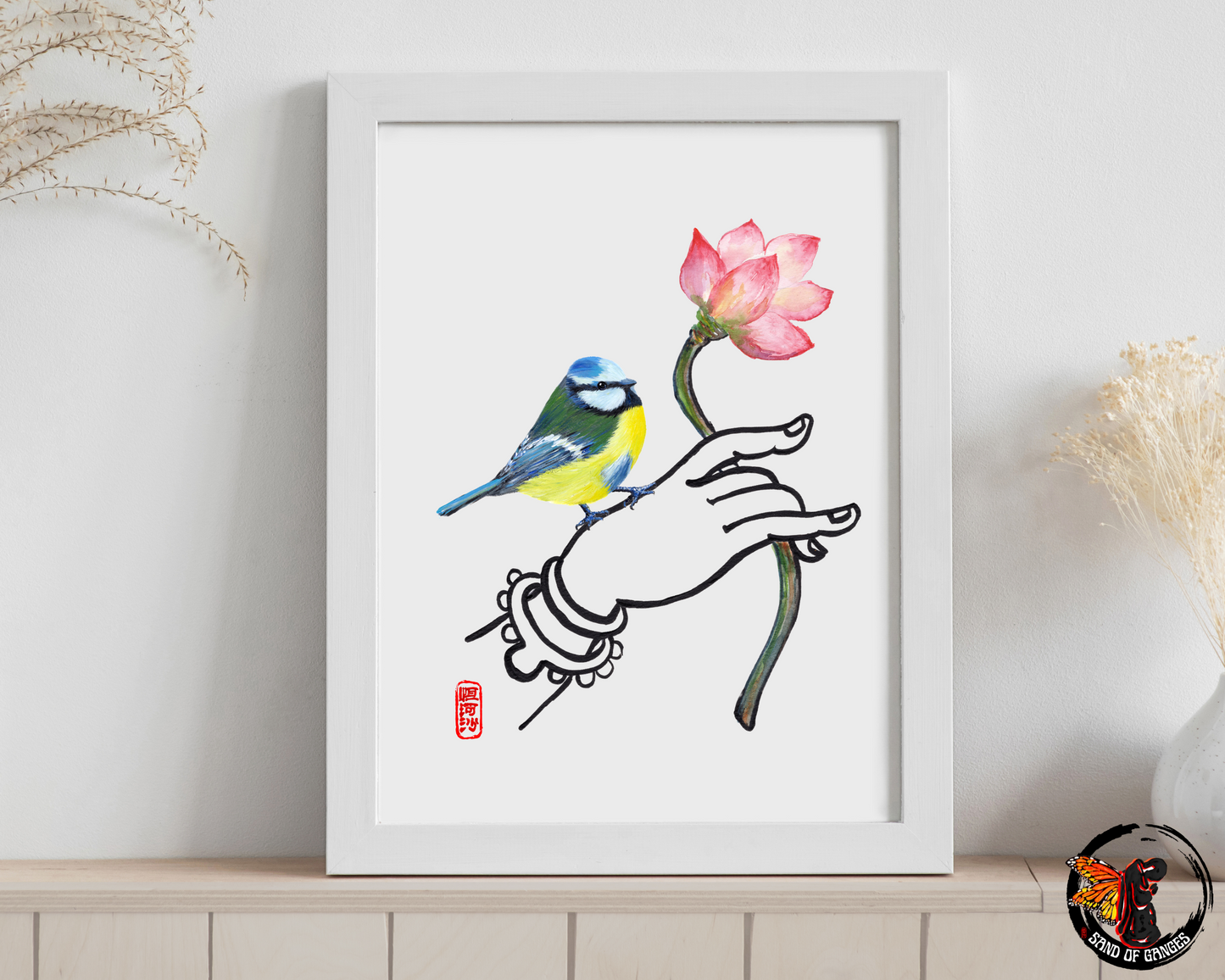 Buddha Hand With Lotus Flower and Eurasian Blue Tit Print