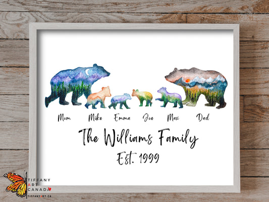 Personalized Bear Family Print with Custom Names