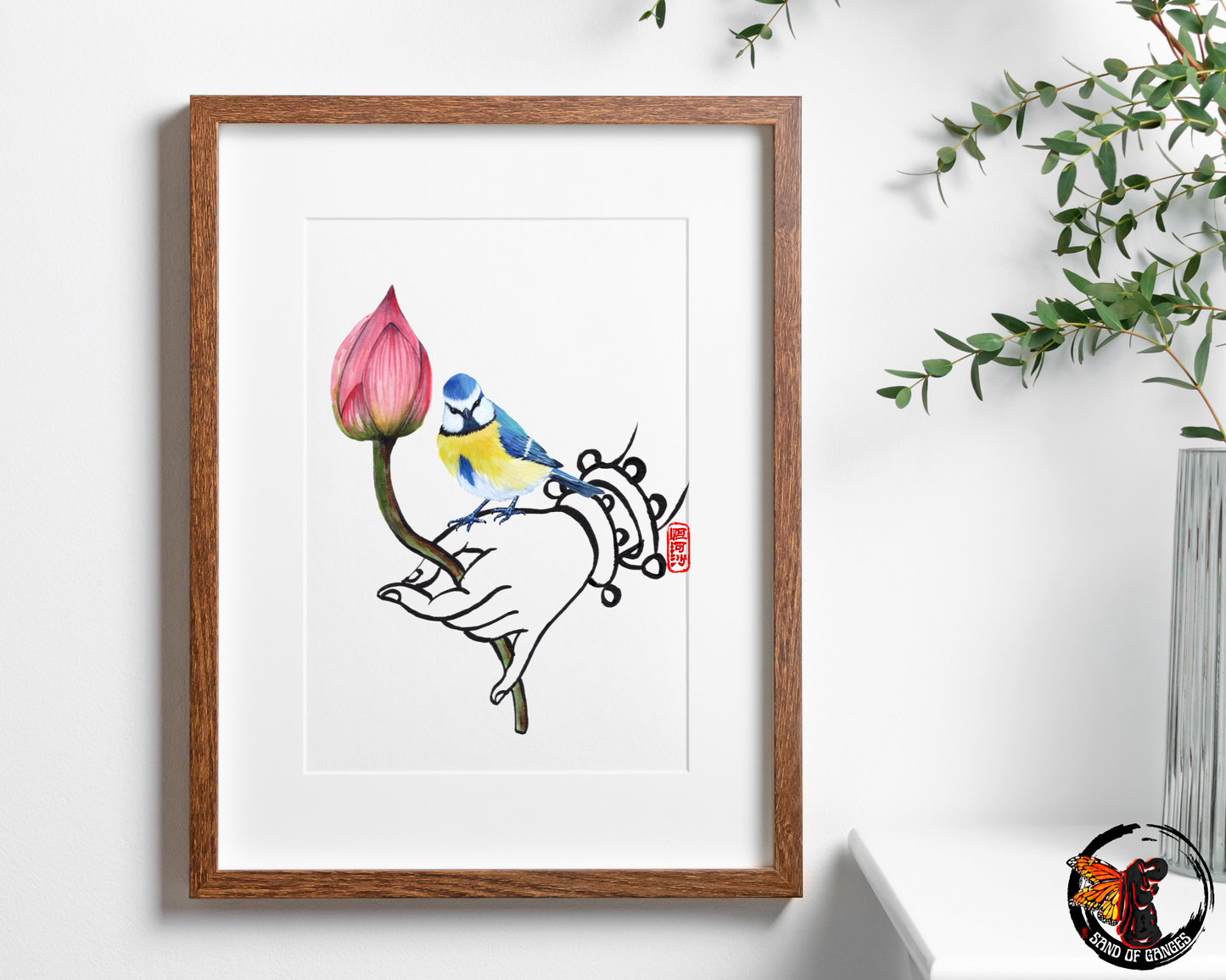 Buddha Hand With Lotus Flower and Eurasian Blue Tit Print