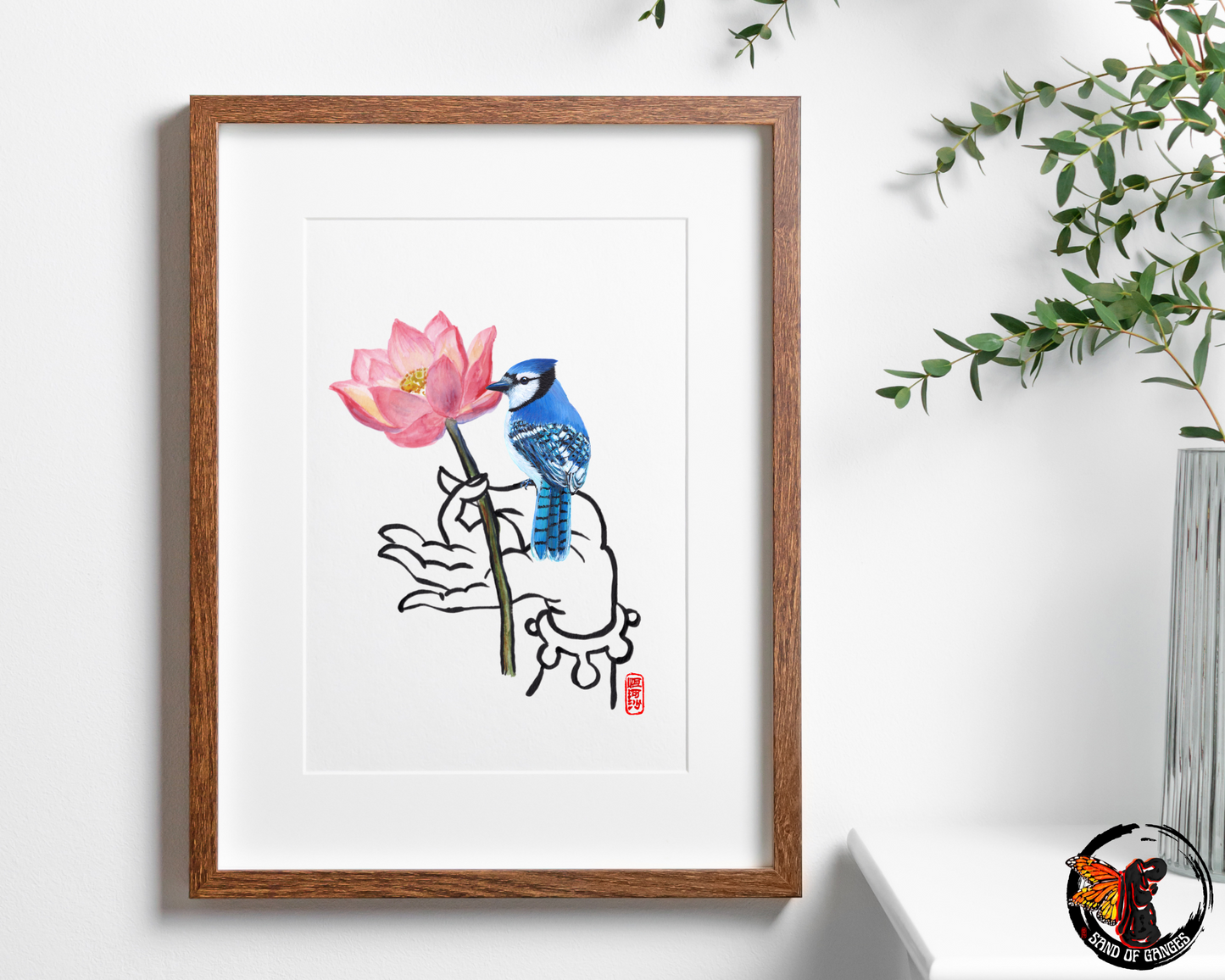 Buddha Hand With Lotus Flower and Blue Jay Print