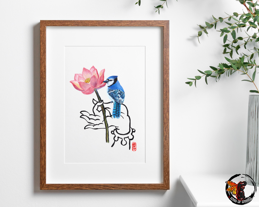 Buddha Hand With Lotus Flower and Blue Jay Print