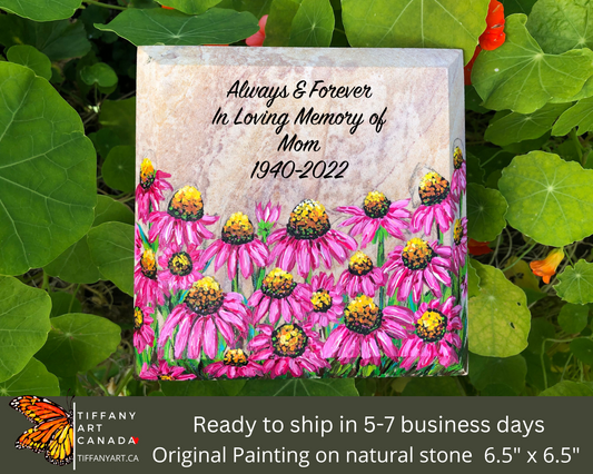 Hand Painted Echinacea Flowers Stone 6.5" x 6.5"