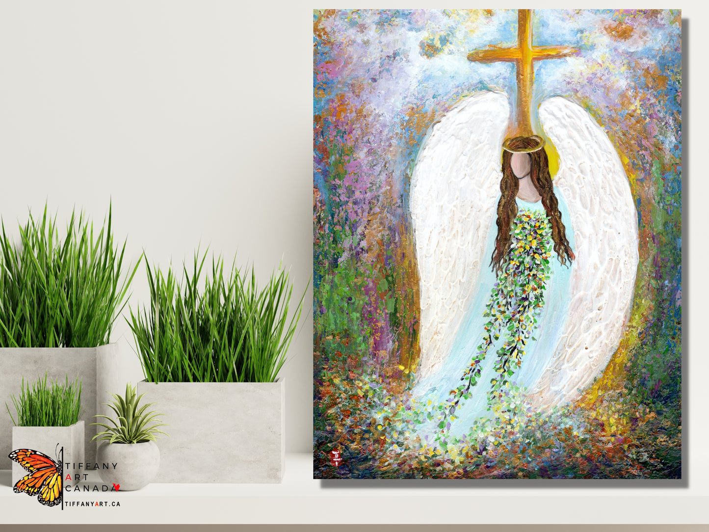 Original Angel and Cross Painting on Canvas