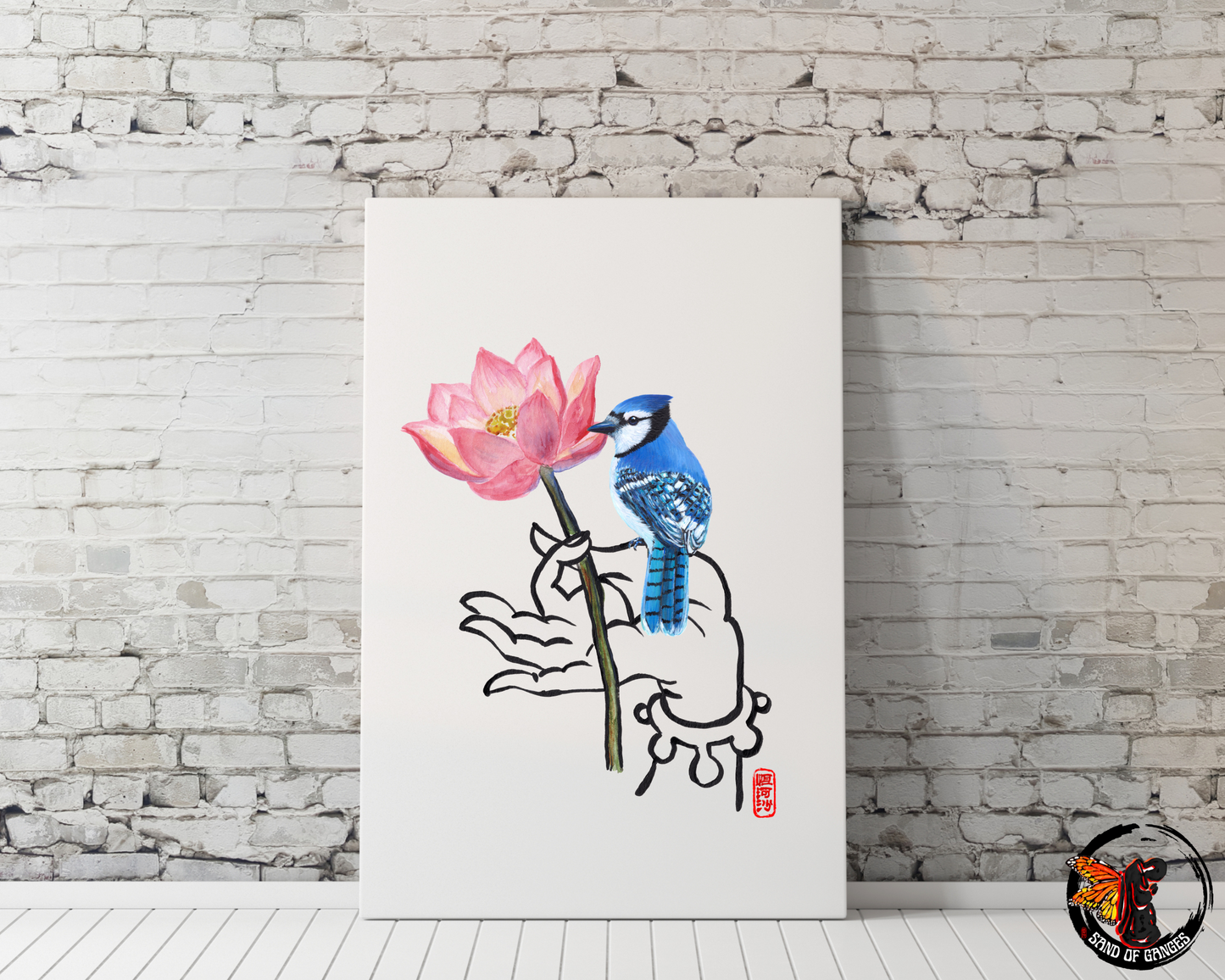 Buddha Hand With Lotus Flower and Blue Jay Print