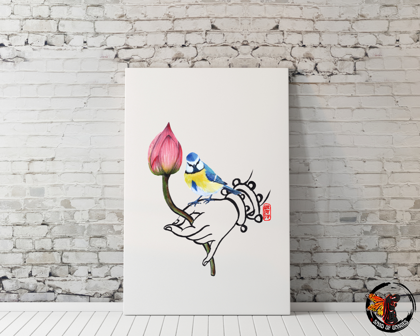 Buddha Hand With Lotus Flower and Eurasian Blue Tit Print