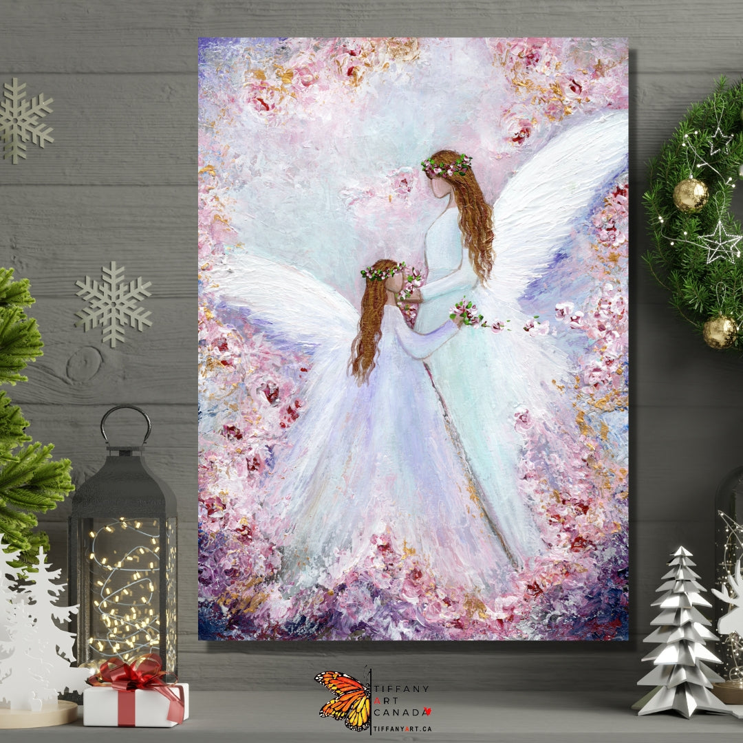 Two Angels With Roses Painting on Canvas TiffanyArtCanada