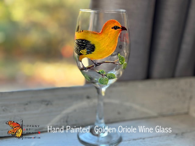 Hand Painted Golden Oriole Wine Glass