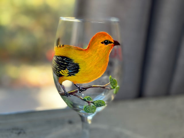 Hand Painted Golden Oriole Wine Glass