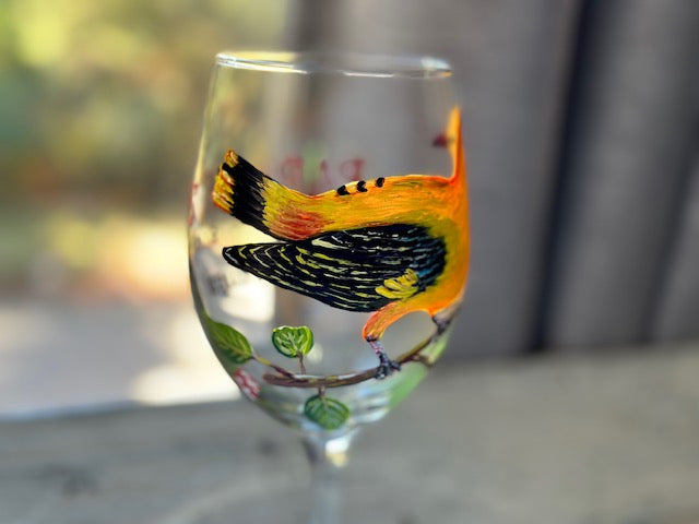 Hand Painted Golden Oriole Wine Glass