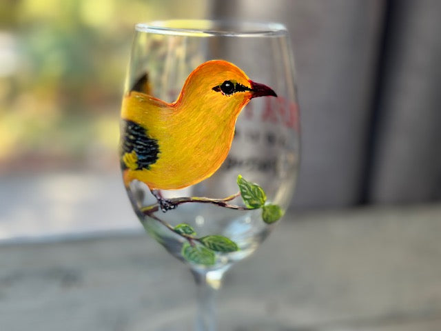 Hand Painted Golden Oriole Wine Glass