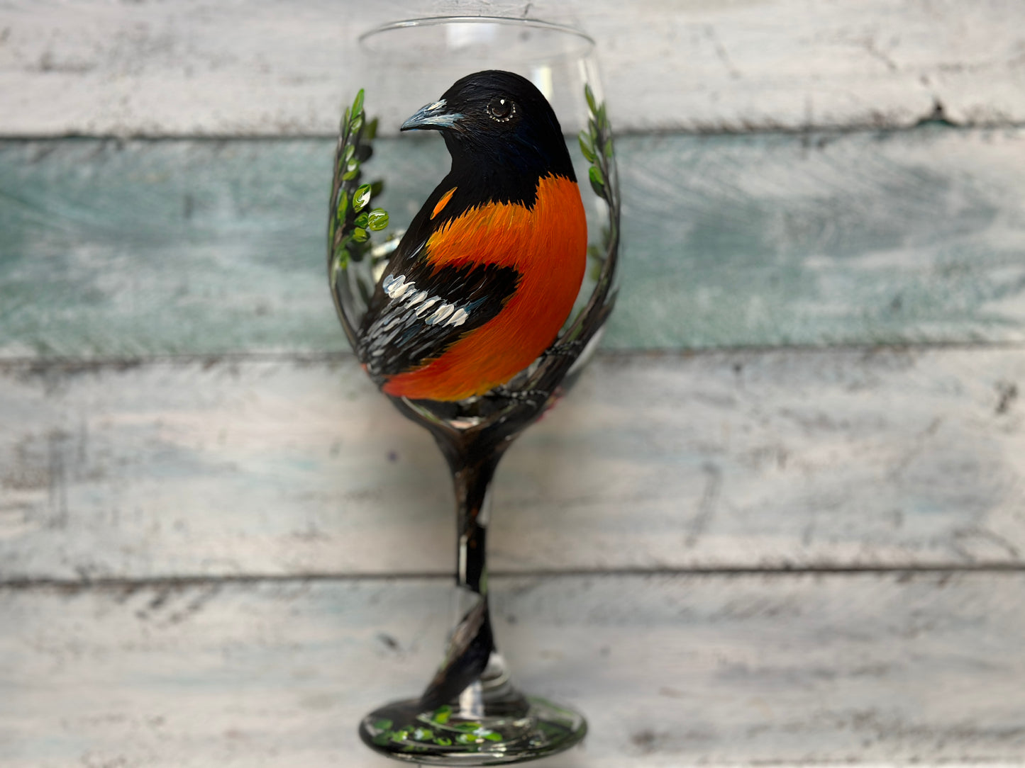 Hand Painted Baltimore Oriole Wine Glass