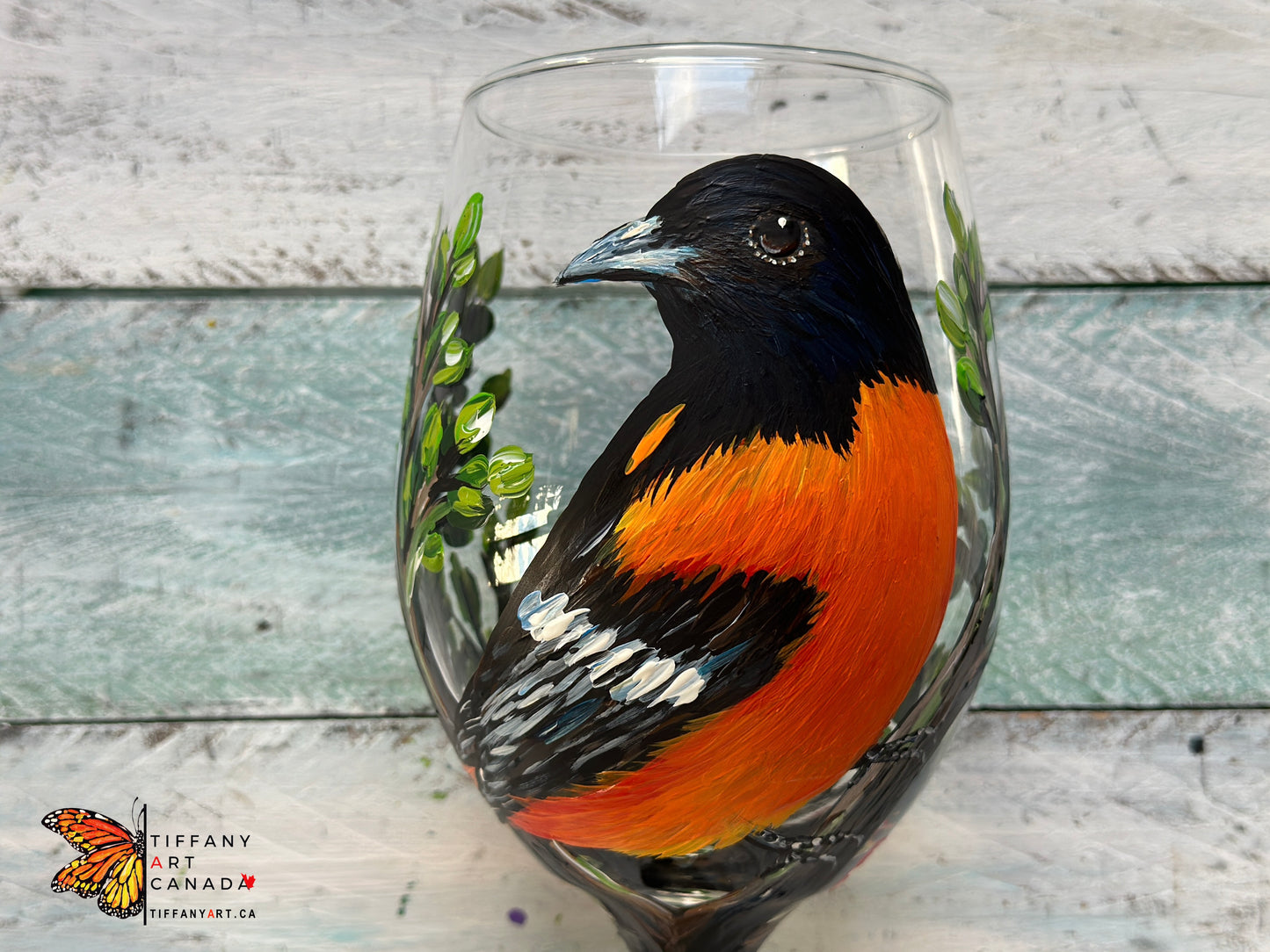 Hand Painted Baltimore Oriole Wine Glass