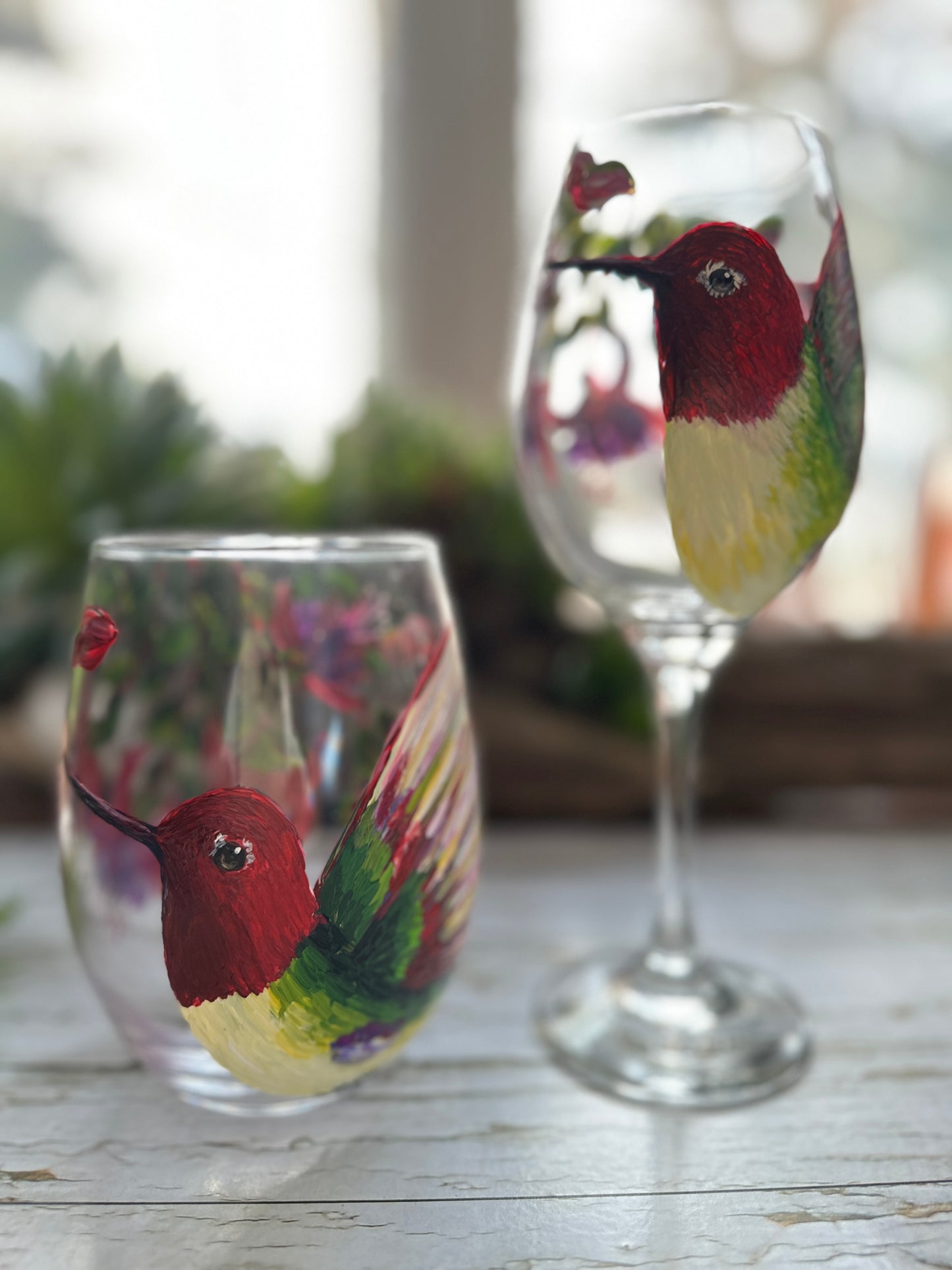 Hand painted hummingbird wine glass