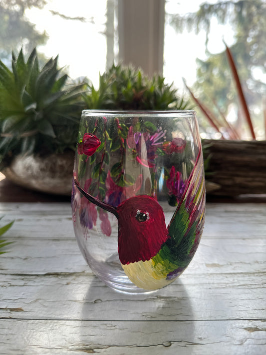 Hand painted hummingbird wine glass