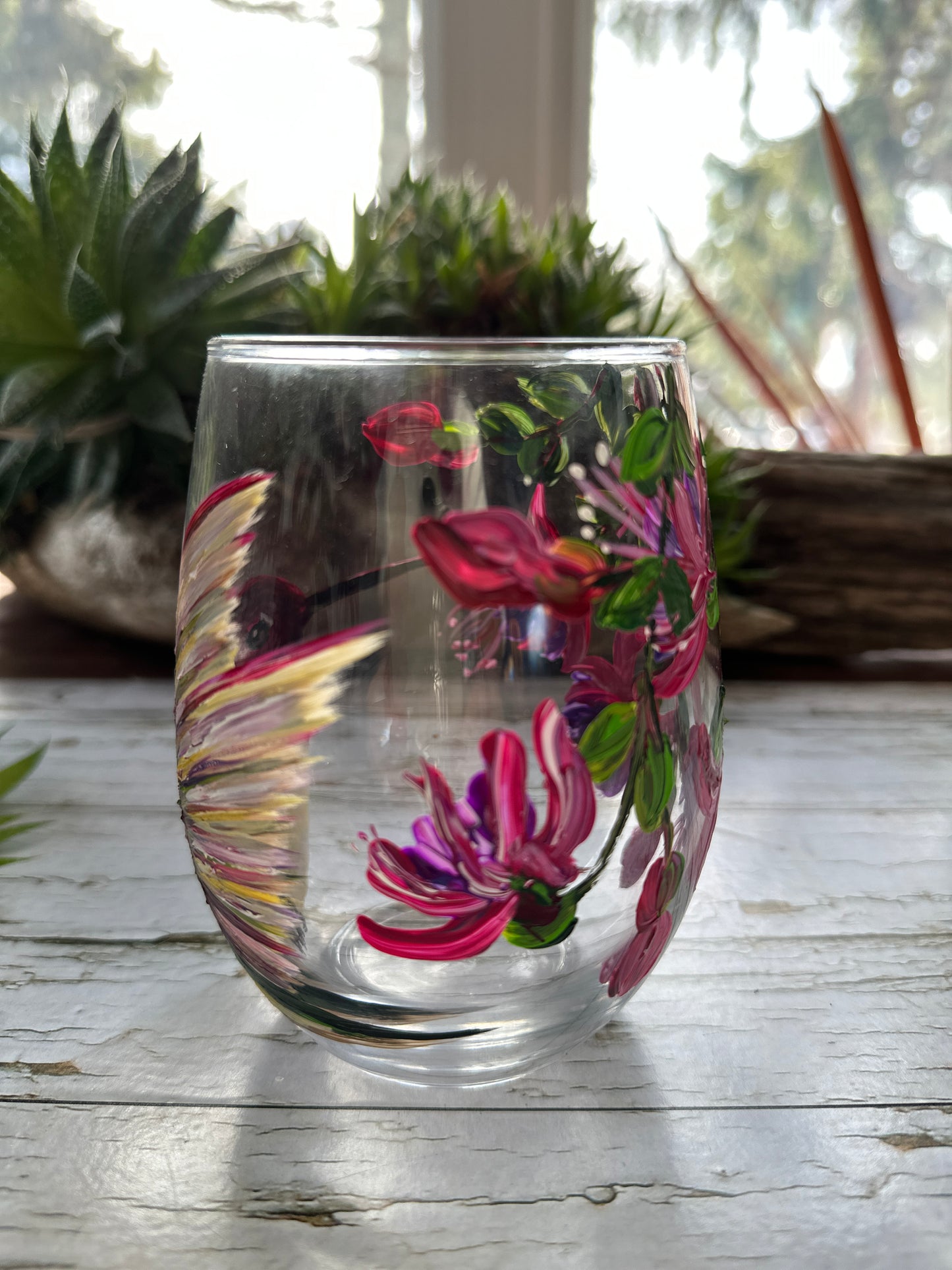 Hand painted hummingbird wine glass