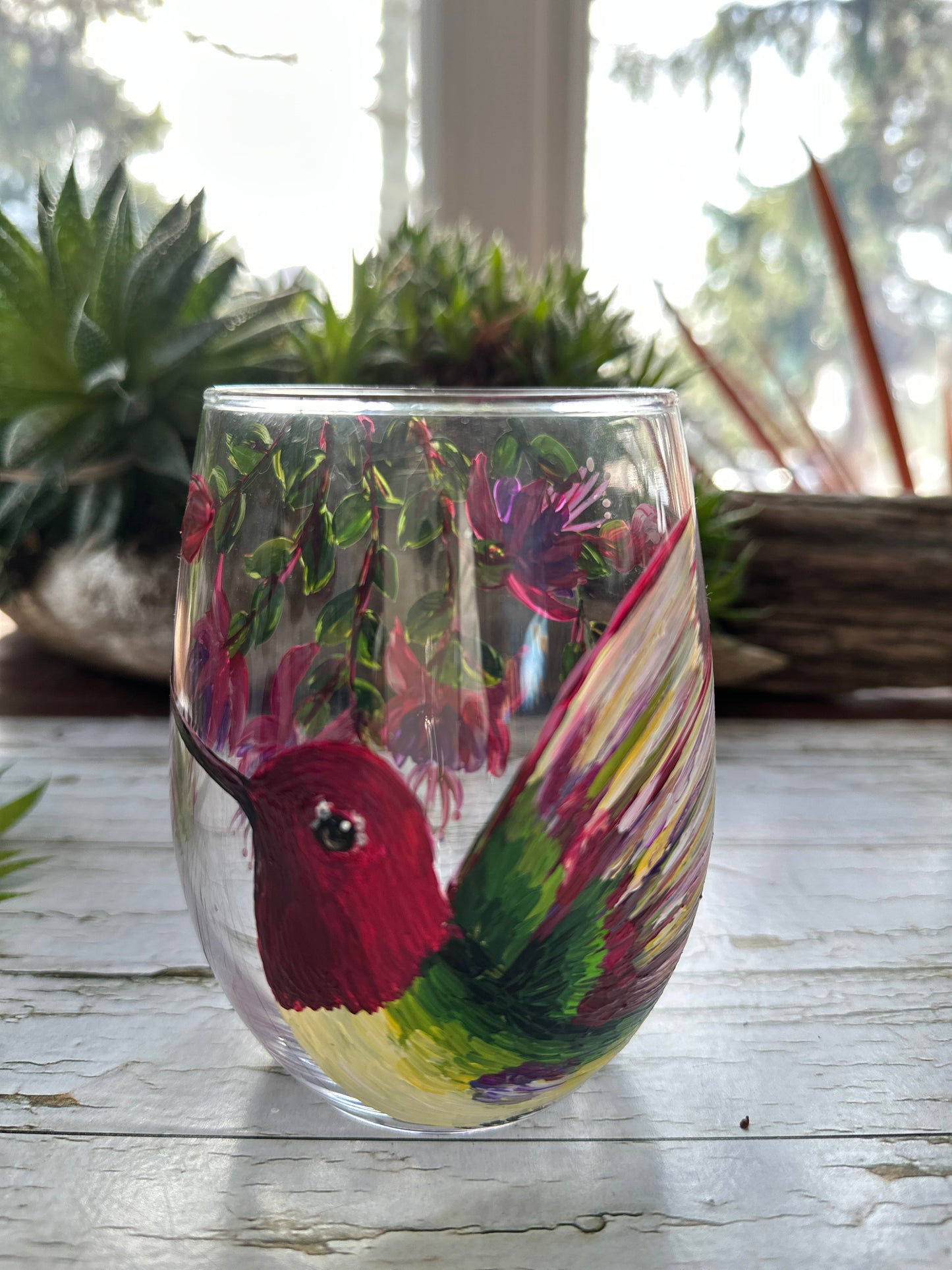 Hand painted hummingbird wine glass