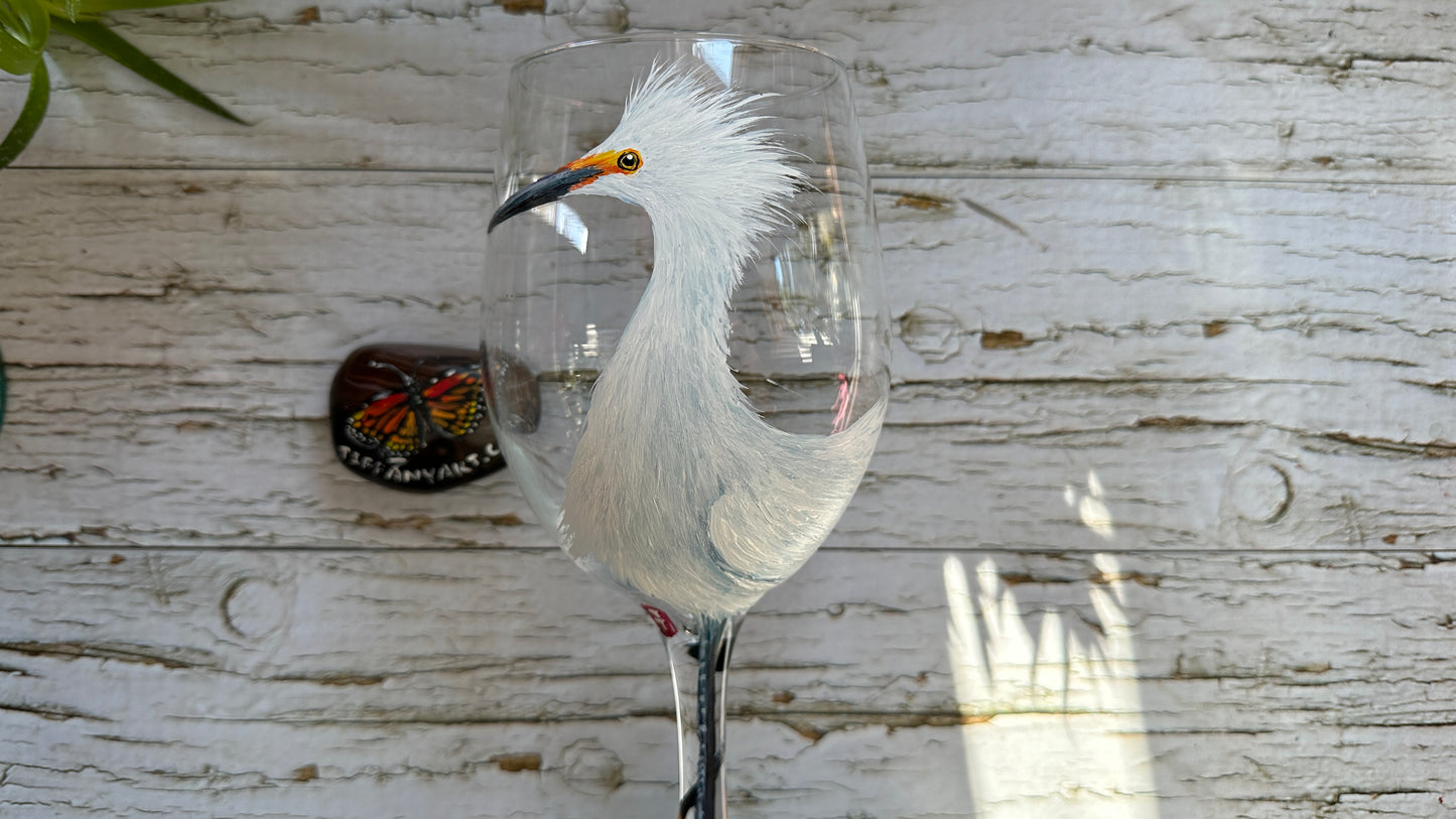 Hand Painted Snowy Egret Wine Glass