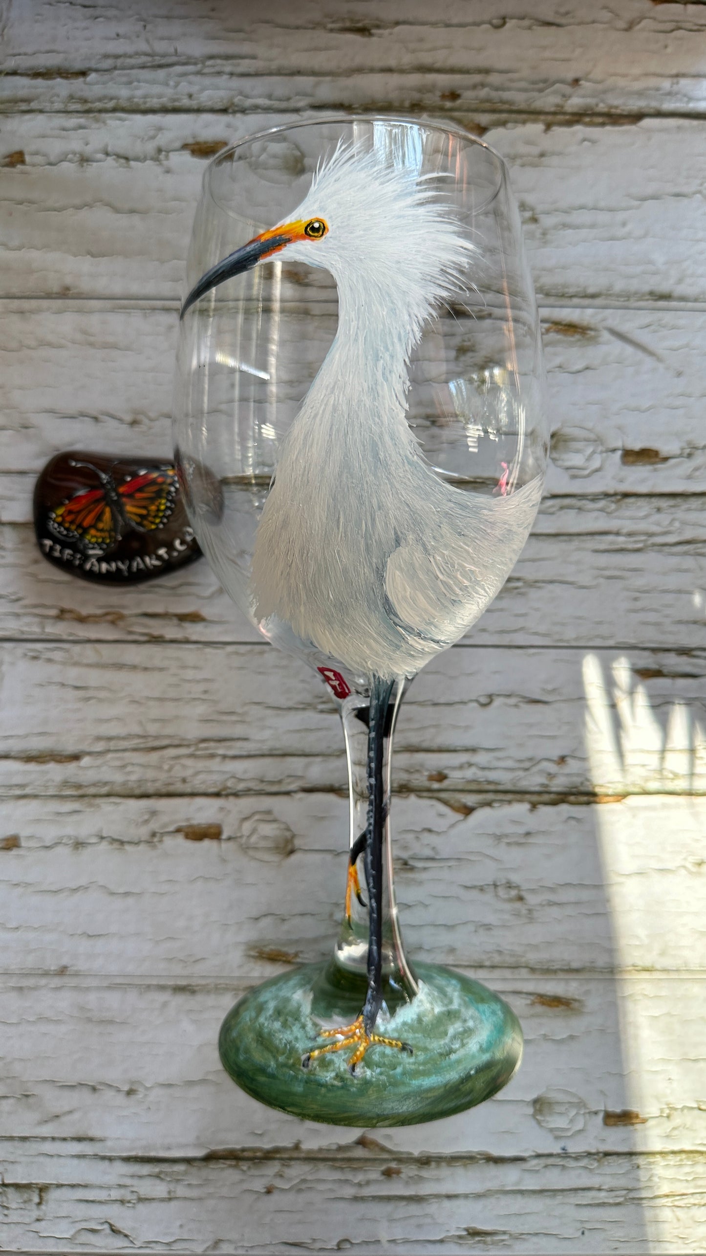 Hand Painted Snowy Egret Wine Glass