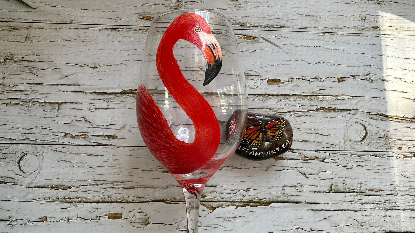 Hand Painted Flamingo Wine Glass