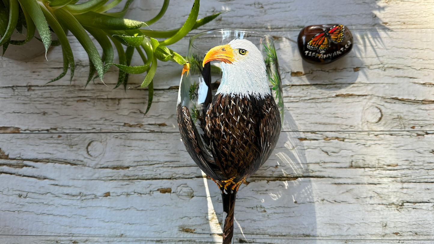 Hand Painted Eagle Family Wine Glass 20oz