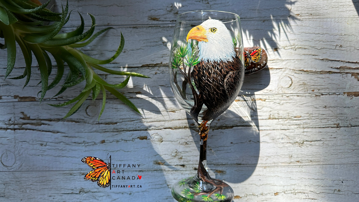 Hand Painted Bald Eagle Wine Glass 20oz