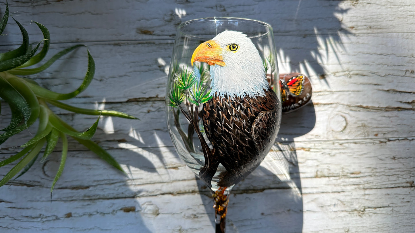 Hand Painted Bald Eagle Wine Glass 20oz