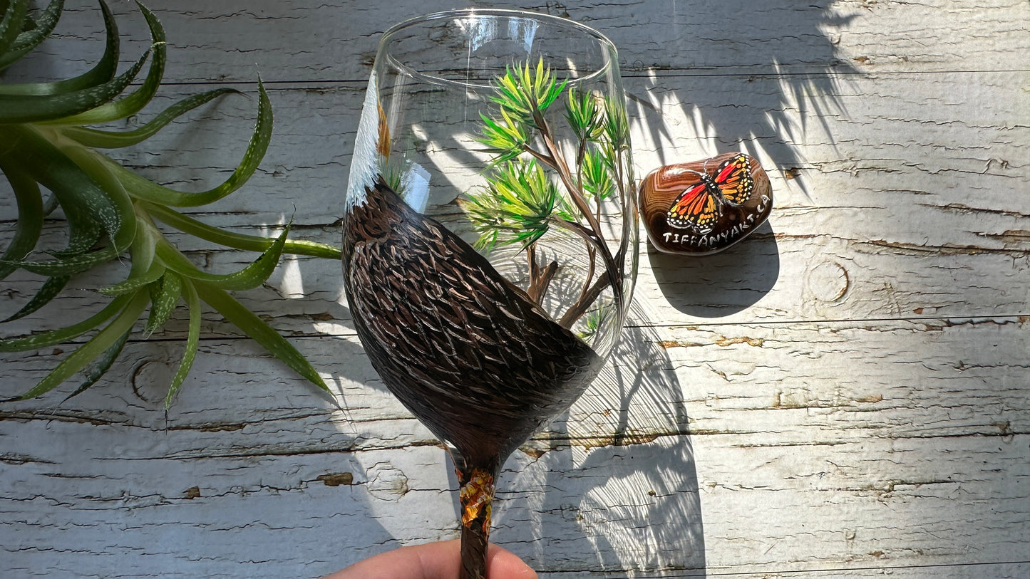 Hand Painted Bald Eagle Wine Glass 20oz