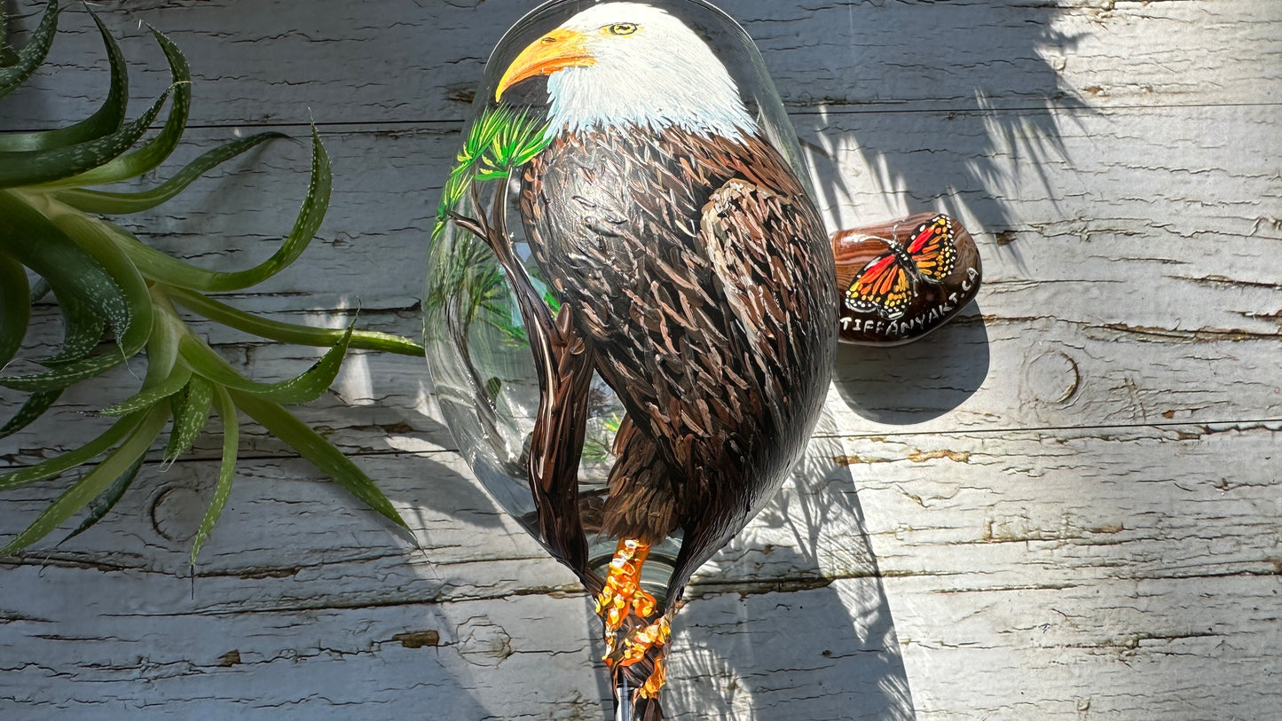 Hand Painted Bald Eagle Wine Glass 20oz