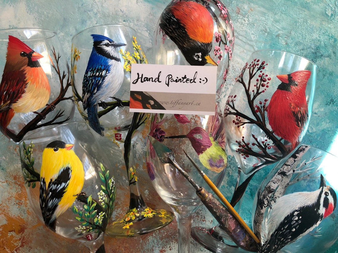 Hand Painted Humming Bird Wine Glass