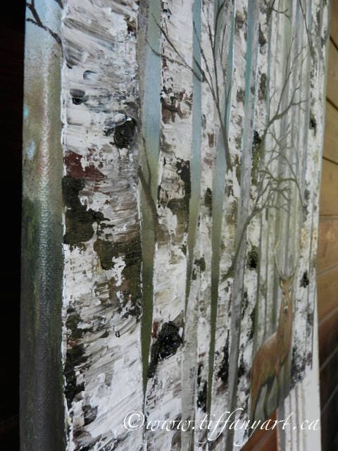 Birch Tree and Red Deer Painting on Canvas