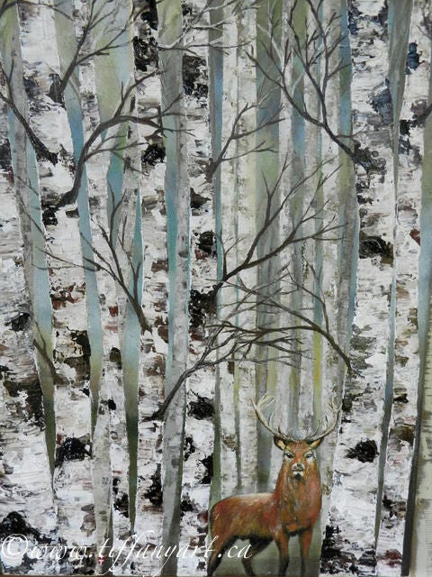 Birch Tree and Red Deer Painting on Canvas