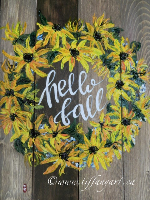 Hello Fall sign,Fall decor,Autumn decor wall art,hand painted sign,Thanksgiving decor,Rustic accent,Black eyed Susan painting,Fall wood sign