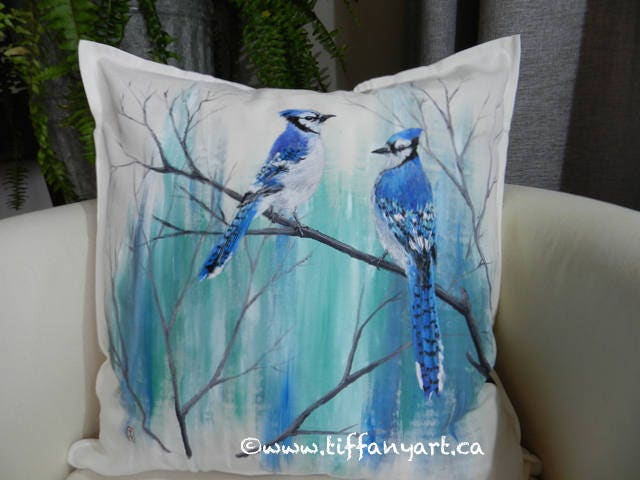 Hand painted pillow, Blue Jay pillow, bird pillow, Blue Jay gift, Blue Jay decor, Blue Jay cushion, love bird pillow, personalized gift