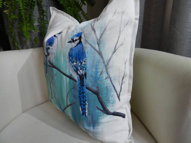 Hand painted pillow, Blue Jay pillow, bird pillow, Blue Jay gift, Blue Jay decor, Blue Jay cushion, love bird pillow, personalized gift