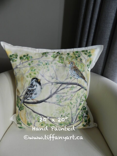 Hand Painted Pillow, Bird pillow, bird cushions, Bird gift, Wood Thrush pillow, Harris Sparrow pillow, Wood Thrush painting, Harris Sparrow