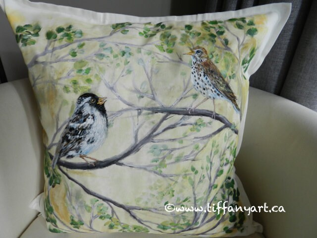 Hand Painted Pillow, Bird pillow, bird cushions, Bird gift, Wood Thrush pillow, Harris Sparrow pillow, Wood Thrush painting, Harris Sparrow