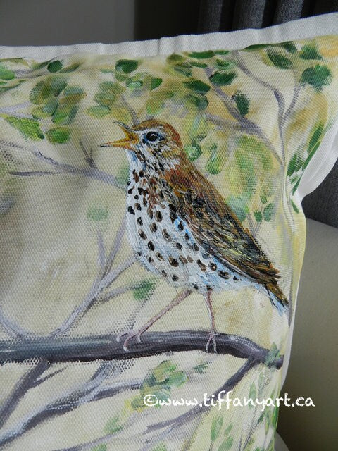 Hand Painted Pillow, Bird pillow, bird cushions, Bird gift, Wood Thrush pillow, Harris Sparrow pillow, Wood Thrush painting, Harris Sparrow