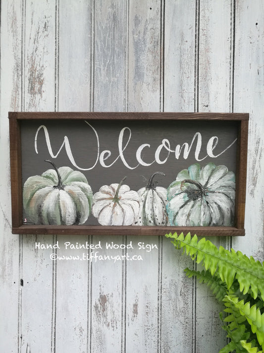 Welcome sign, welcome wood sign, wooden welcome sign, Farmhouse sign, Fall decor, Thanksgiving decor, Autumn decor, pumpkin art,pumpkin sign