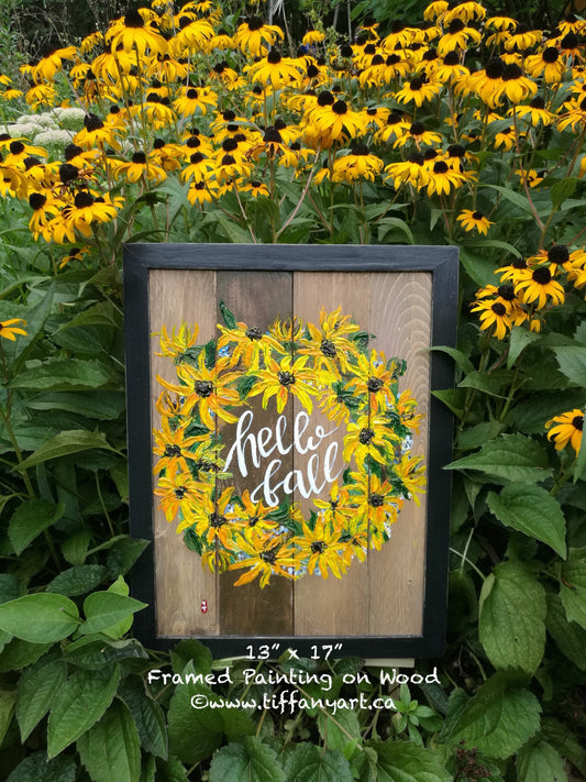 Hello Fall sign,Fall decor,Autumn decor wall art,hand painted sign,Thanksgiving decor,Rustic accent,Black eyed Susan painting,Fall wood sign