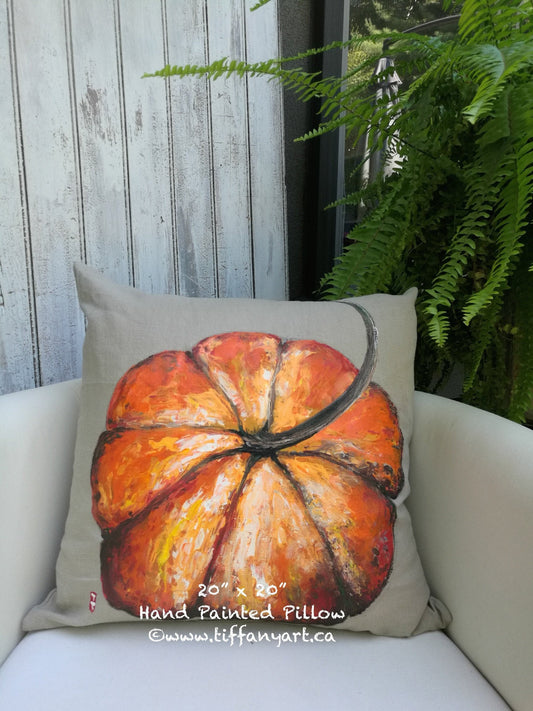 Hand Painted Pumpkin Pillow 20" x 20", Autumn pillow, Fall pillows, Fall Pumpkin, Fall decor, Thanksgiving decor, Halloween decor, Pumpkin