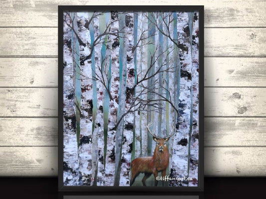Birch Tree and Red Deer Painting on Canvas