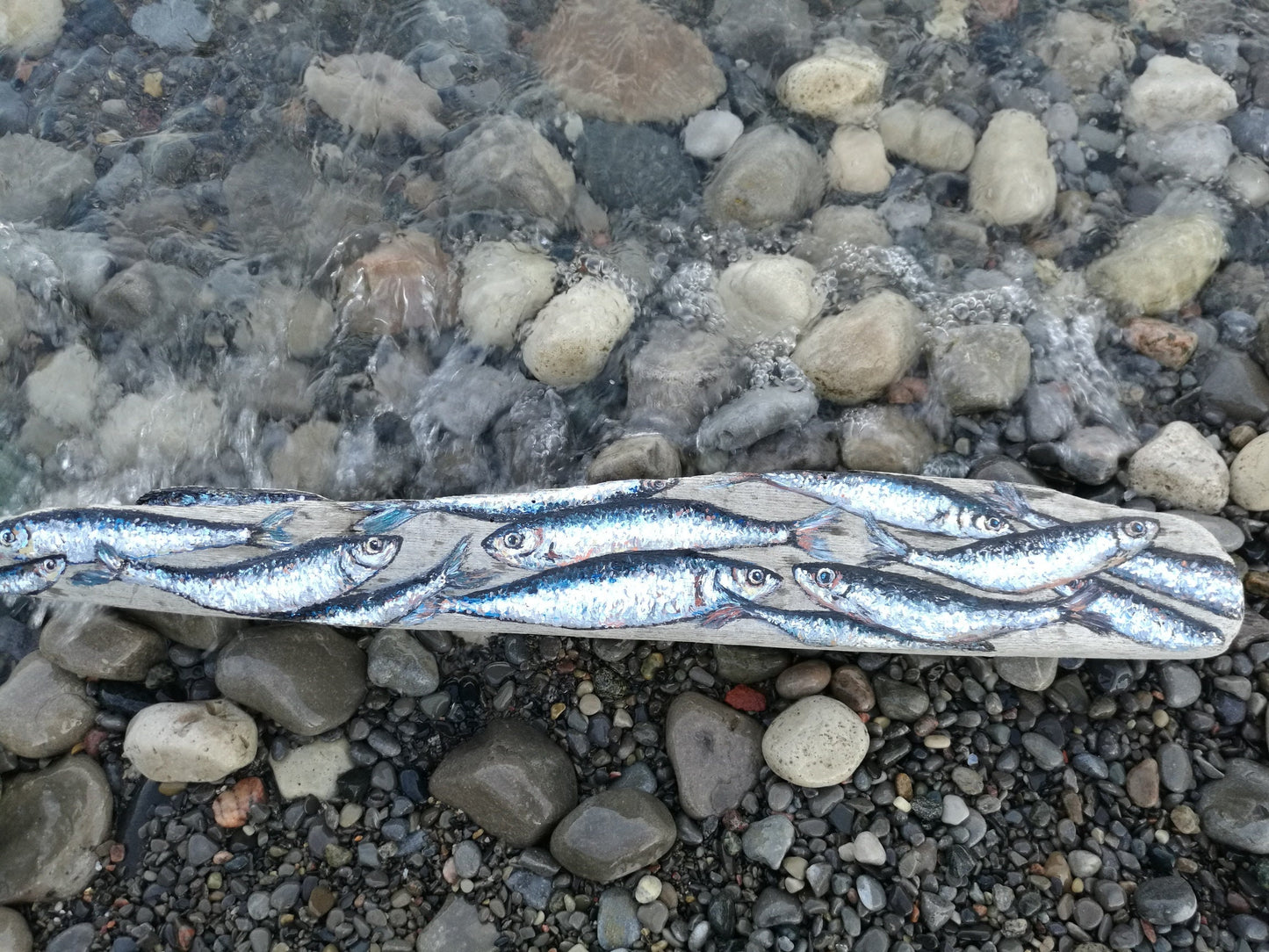 Sardine painting on Driftwood